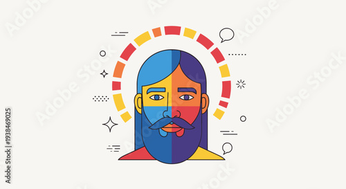 A colorful, geometric illustration of a bearded man with a modern, flat design style, suitable for creative projects