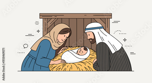 A minimalist illustration depicting a nativity scene with Mary, Joseph, and baby Jesus in a stable setting