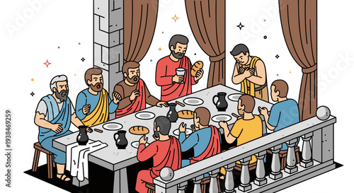 An illustrated scene depicting a historical banquet with figures in traditional attire, featuring a colorful, modern style