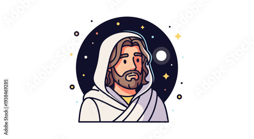 A stylized illustration of a serene figure with long hair and a robe, featuring a colorful cosmic background