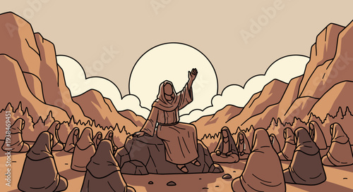 A serene landscape featuring a group of people gathered around a central figure in a minimalist, modern style