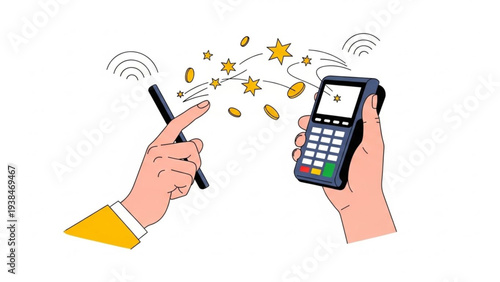 Hand holding POS payment terminal with wireless transaction icons and golden coins for business success