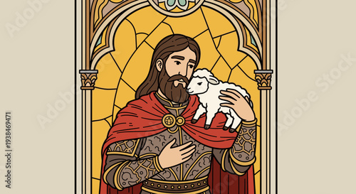 A noble figure holding a sheep, illustrated in a modern flat style with stained glass elements, suitable for storytelling