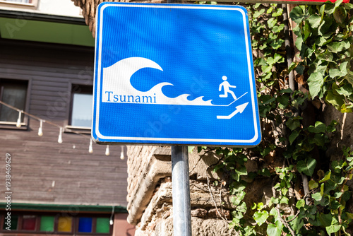 Tsunami evacuation sign for possible danger after an earthquake, Istanbul, Turkey