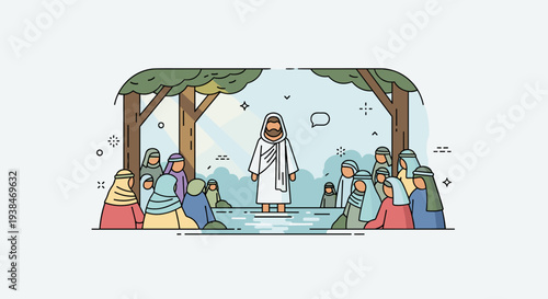 A vibrant illustration depicting a central figure surrounded by a diverse group of people in a serene landscape, modern flat style