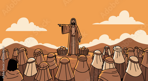 A stylized illustration of a figure addressing a crowd in a desert landscape, featuring a warm color palette