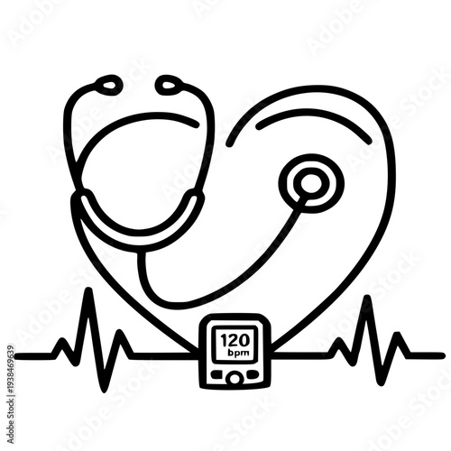 Stethoscope Heart Shape with Pulse Monitor Icon, Cardiology Medical Symbol for Heart Health, Healthcare Diagnostic Tool Line Art Illustration
