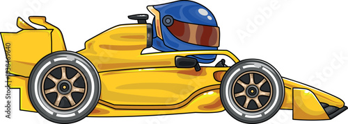 Colorful cartoon-style vector illustration of a yellow Formula 1 race car with driver, blue helmet visible, playful motorsport design.