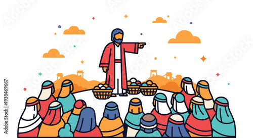 A vibrant illustration depicting a figure addressing a crowd, in a modern flat style with colorful elements