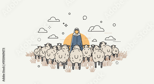 A shepherd guiding a flock of sheep under a stylized sun, featuring a minimalist line art style