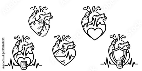 Human Heart Anatomy and Healthcare Icon Set, Cardiology Medical Monitoring Symbols with Heartbeat Pulse and Blood Pressure Meter Line Art