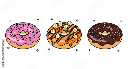 A colorful set of three delicious donuts with various toppings, featuring a playful flat design style