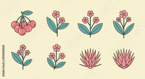 A collection of charming floral and fruit illustrations featuring cherries and various flowers in a flat style