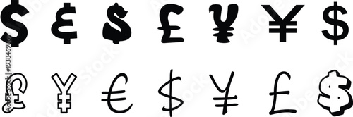 Currency symbol icon set with dollar euro pound yen and global money signs, bold and outline styles for finance, banking, business transactions, economy graphics, and payment design.