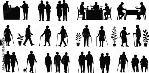 Senior People Lifestyle Silhouette Collection with Elderly Walking, Using Cane, Socializing, and Sitting Isolated for Retirement and Community DesignSenior People Lifestyle