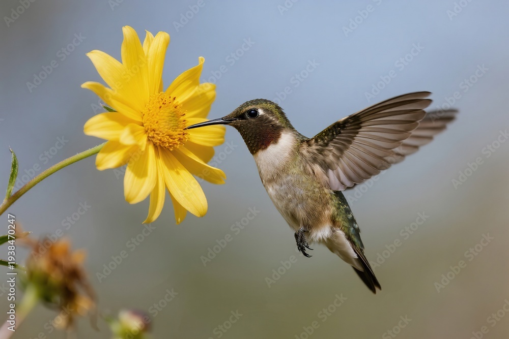 Fototapeta premium Hummingbird feeding on yellow flower