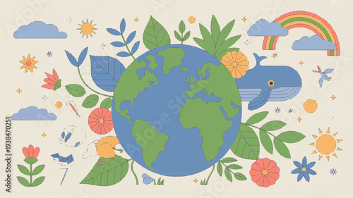 Whale shaped earth surrounded by lush greenery and vibrant flowers with rainbow and clouds in serene environment