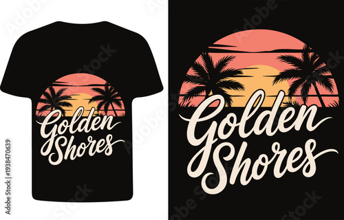Black t shirt mockup featuring a golden sunset and palm tree design
