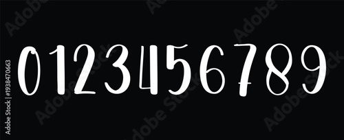 Handwritten number font zero to nine on black background. Stylish brush style digits with modern artistic feel for posters, branding, and creative typography. Decorative numeric characters ideal 