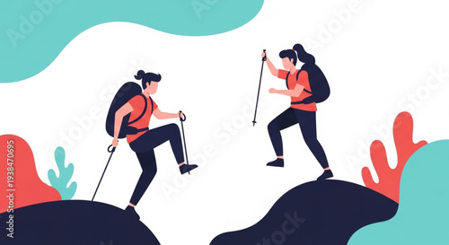 Two hikers climbing mountain peaks with backpacks and trekking poles in vibrant flat design