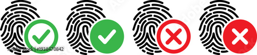 Fingerprint icons with green check and red cross symbols for approval and rejection