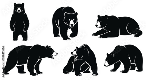 Black Bear Silhouettes Collection: Various Poses, Vector Art