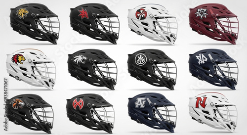 Collection of Lacrosse Helmets with Various Team Logos.