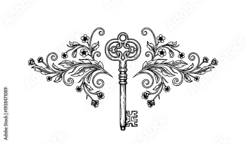 Antique ornamental key with floral vines black and white line art vector illustration isolated on white