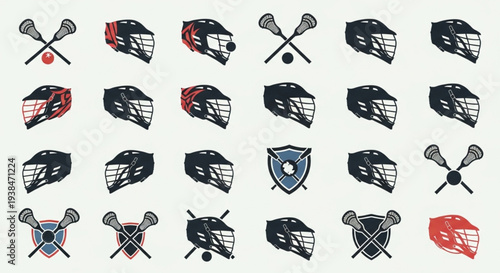 Collection of Lacrosse Helmets and Sticks with Balls and Shields.