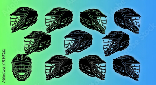 Collection of Lacrosse Helmets Displayed in a Grid Pattern.