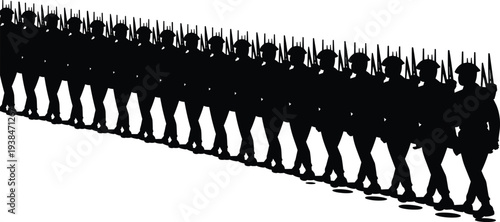 Military soldiers marching in formation silhouettes, army parade troops with rifles, disciplined infantry line, defense forces military illustration concept