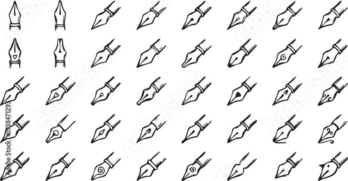 Hand-Drawn Fountain Pen Nib Icon Sheet, Doodle Line Art Collection of Different Calligraphy Pen Tips, Sketchy Vector Illustrations Isolated on White Background.