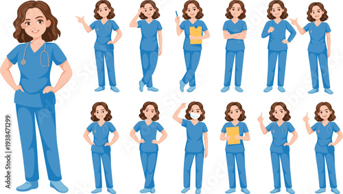 nurse, doctor, medical, healthcare, hospital, worker, professional, uniform, scrubs, stethoscope, medicine, clinic, caregiver, health, service, female, character, illustration, modern, vector