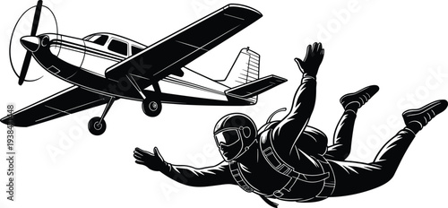 Skydiver freefalling from propeller airplane illustration, parachute extreme sport adventure, skydiving aviation action concept with aircraft silhouette vector