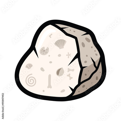 Fossil rock with embedded sea creatures, viewed from the side, in a simple illustration style