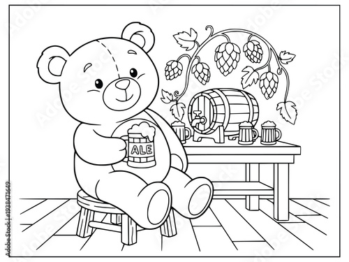 Coloring book page with a cute teddy bear drinking ale near a wooden barrel