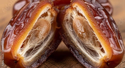 Close-up of Fresh Medjool Date Fruit Split Open Showing Juicy Flesh and Seed