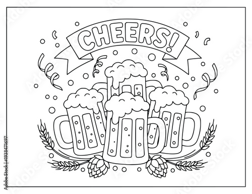 Beer mugs clinking in a festive cheers toast as a black line art coloring page