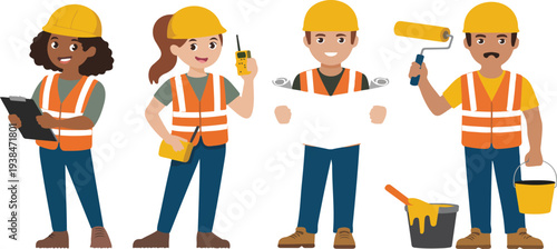 Construction Worker Character Illustration Set with Diverse Builders Wearing Safety Helmets Reflective Vests and Tools Industry Engineering Vector