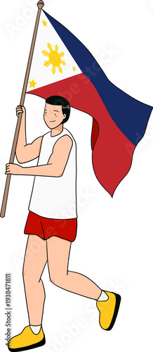 Male Athlete Running and Waving Philippines National Flag
