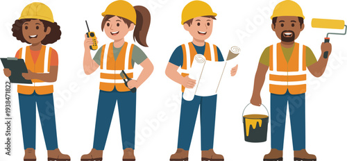 Construction Worker Character Illustration Set with Diverse Builders Wearing Safety Helmets Reflective Vests and Tools Industry Engineering Vector