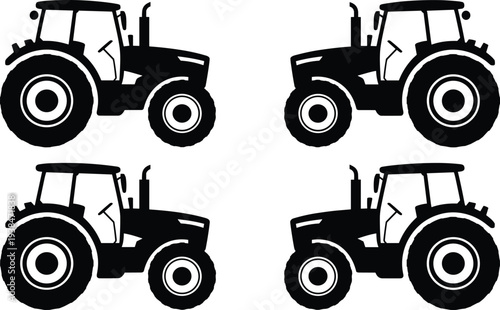 Tractor icons set, agricultural farm tractor vehicle silhouettes, farming machinery equipment illustration, rural agriculture transport vector collection