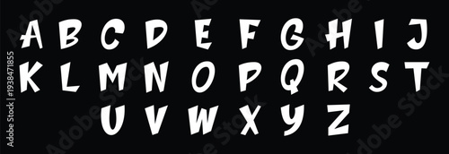 Hand drawn white alphabet letters on black background. Playful brush style uppercase typography set with irregular shapes. Creative vector font perfect for poster design, kids projects, branding, 