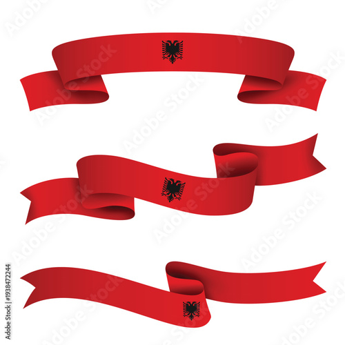 ALBANIA Ribbon Flag Set, ALBANIA National Flag Banner Collection with Wavy Ribbon Design