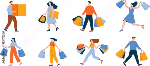 People Shopping Illustration Set with Men and Women Carrying Bags Walking with Cart Retail Purchases and Consumer Lifestyle Vector