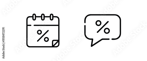 Discount calendar and speech bubble outline icon set featuring percentage symbol for sale promotion and ecommerce offer for business and more vector illustration or editable stroke
