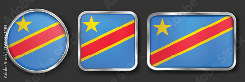 Democratic Republic of Congo Metallic Flag Collection, Circular, Square and Rectangular Democratic Republic of Congo Flag Badges Set