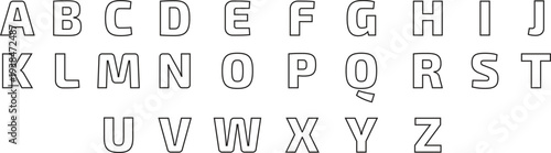 Outline alphabet letters A to Z in clean geometric style. Minimal uppercase typography set with hollow line characters. Editable vector font elements for education, poster design, logo, and modern 