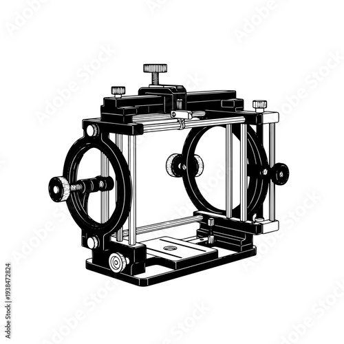 Stereotactic Frame Neurosurgery Medical Equipment Black and White Vector Illustration, Brain Surgery Navigation Device Line Art