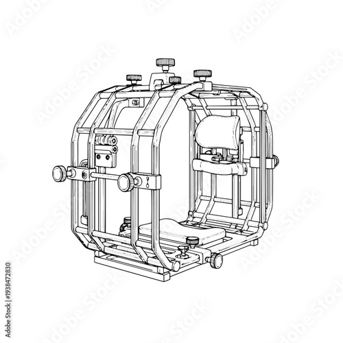 Stereotactic Frame Neurosurgery Medical Equipment Black and White Vector Illustration, Brain Surgery Navigation Device Line Art Icon